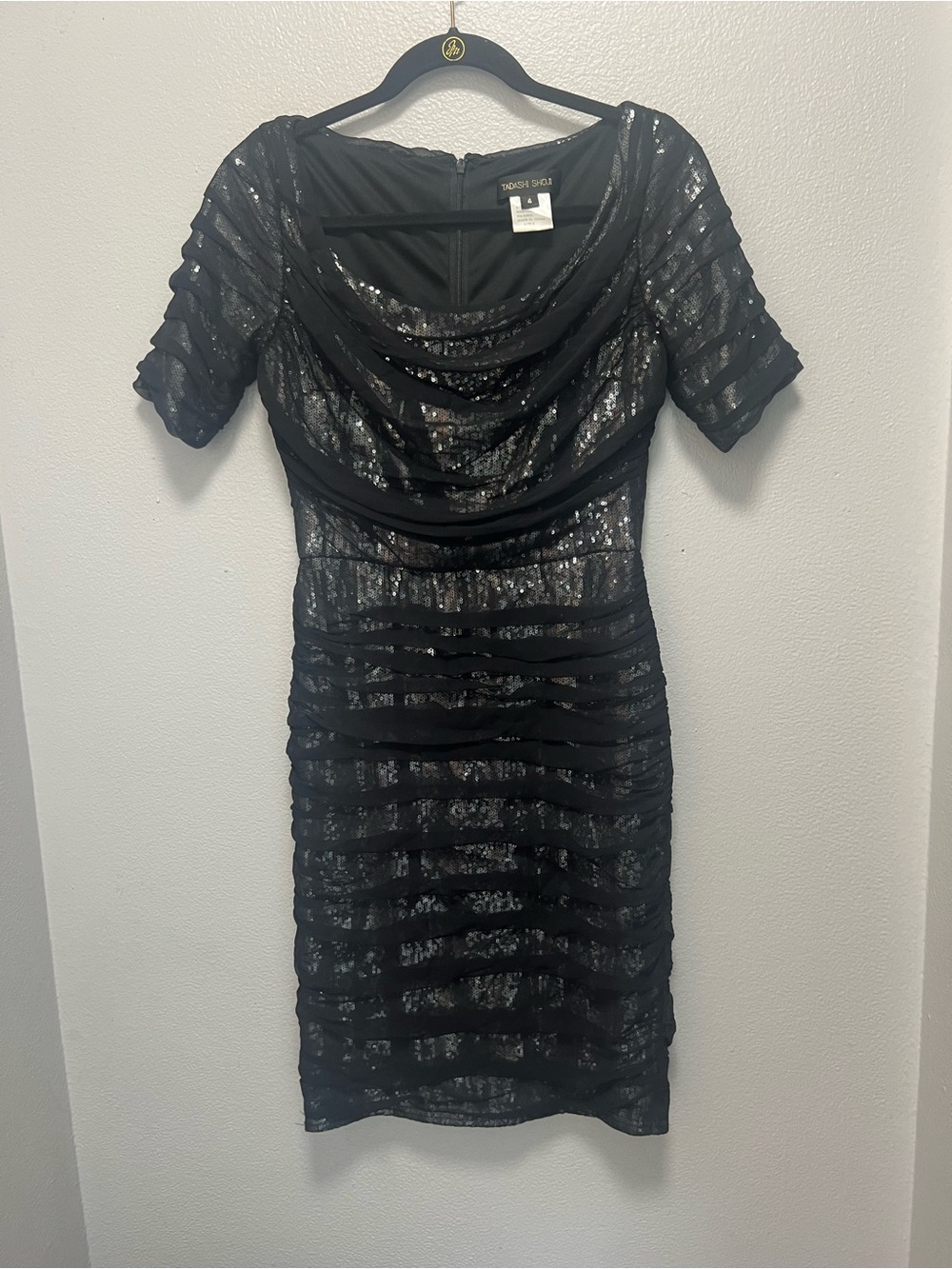 Tadashi shoji Black Sequined Draped Cocktail Dress